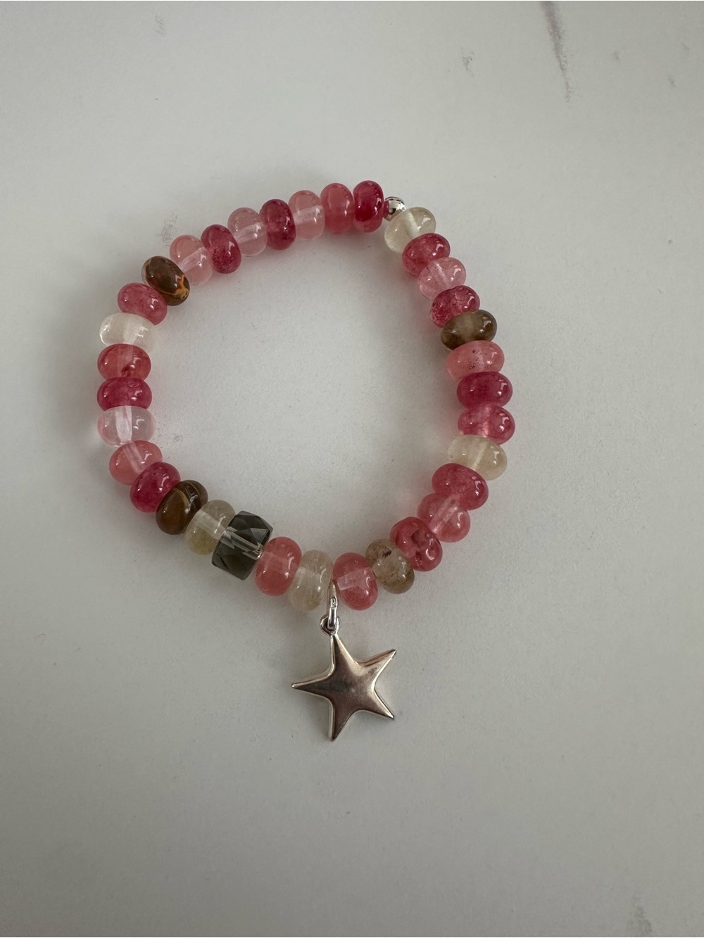 New handmade gemstone strawberry quartz bracelet with sterling silver star charm
